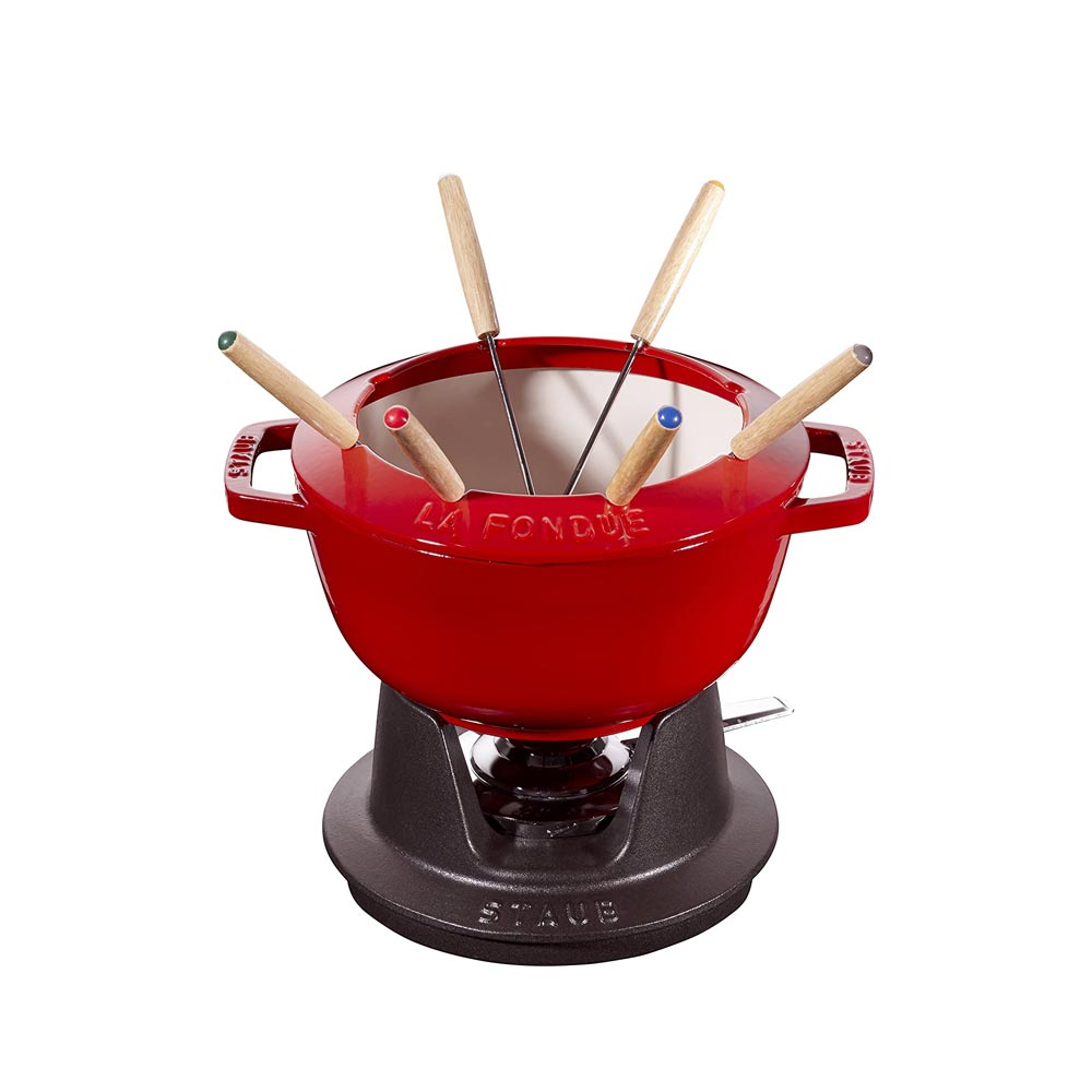 Juego de fondue Staub con 6 tenedores, para fondue de queso, chocolate y carne, Hierro fundido, Rojo cereza, 20 cm