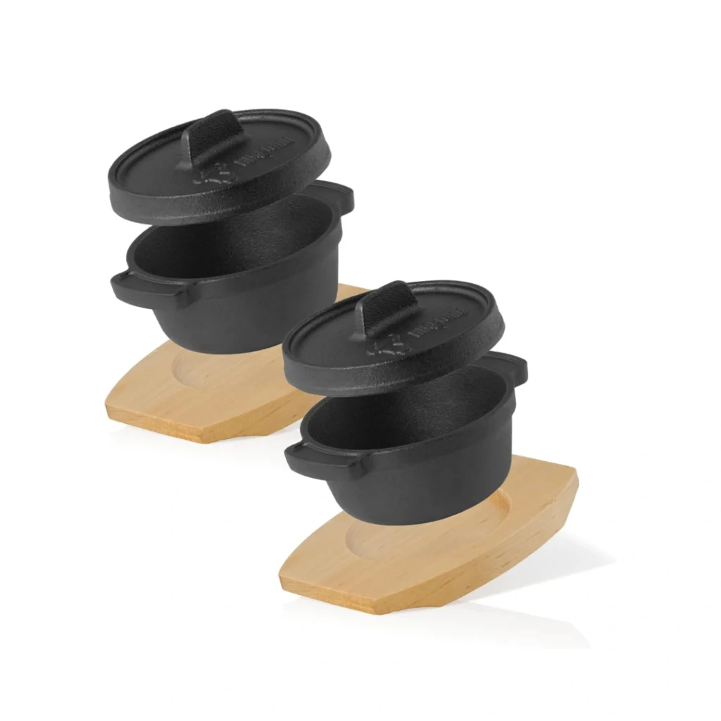 BBQ Toro set de 2 Mini Dutch Oven con Base de Madera 11 cm con base de madera