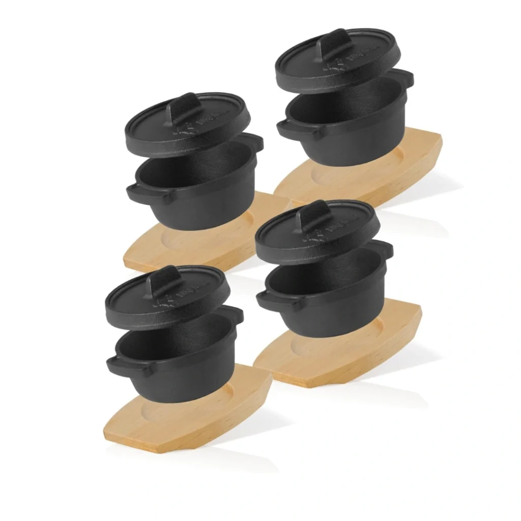 BBQ Toro set de 4 Mini Dutch Oven con Base de Madera 11 cm con base de madera