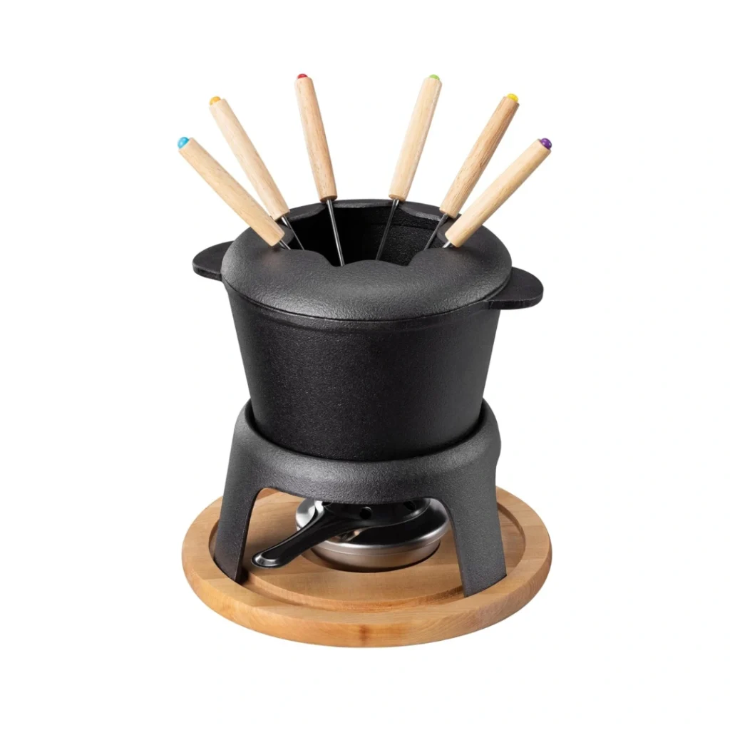 Navaris Set Fondue de Hierro Fundido - para 6 Personas con Quemador y 6 Tenedores