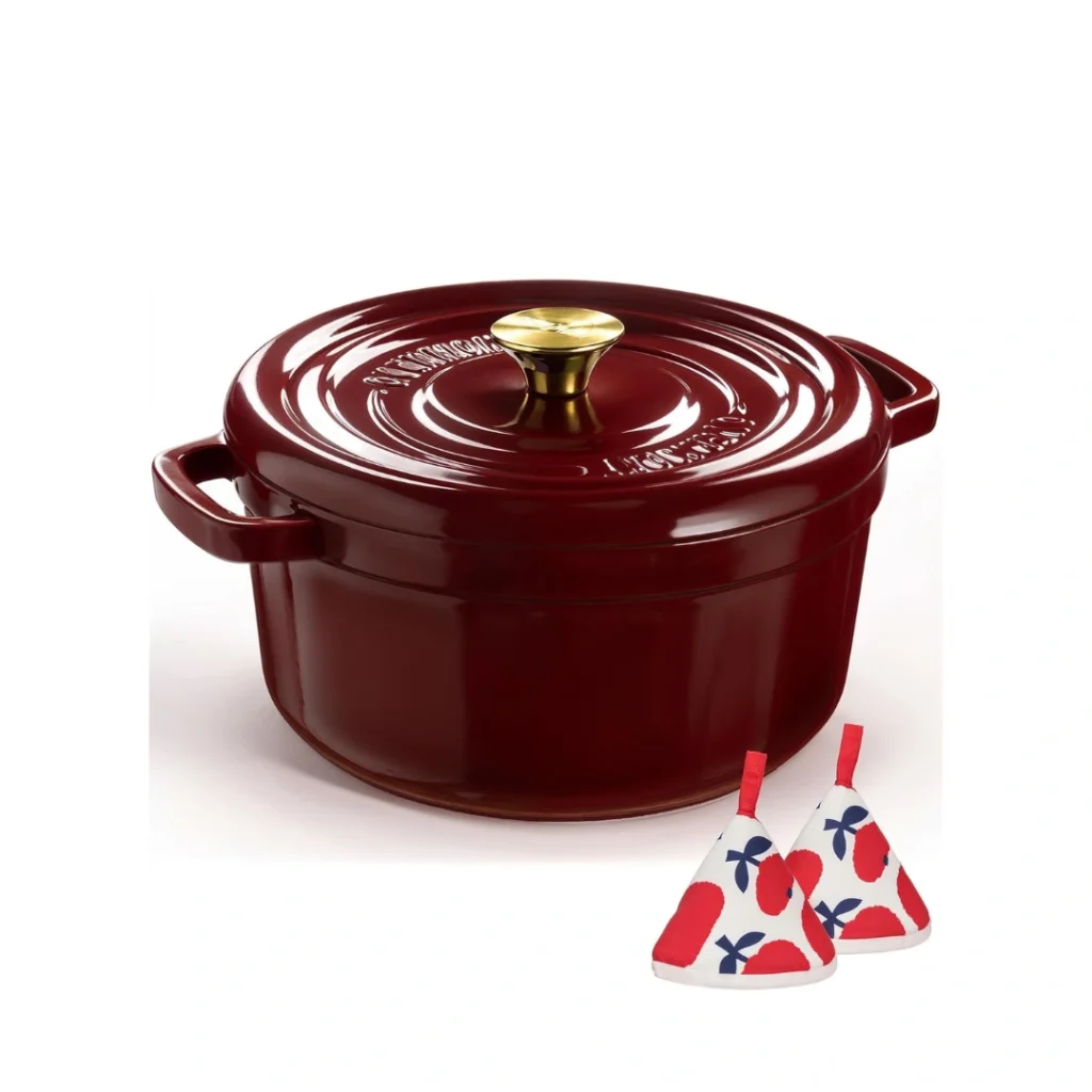 Overmont Horno holandés de hierro fundido esmaltado, olla de 5 cuartos con tapa, libro de cocina y agarraderas de algodón borgoña