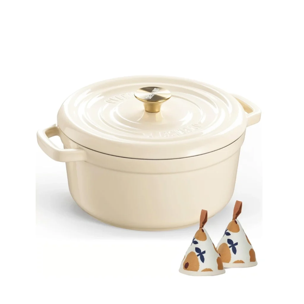 Overmont Horno holandés de hierro fundido esmaltado, olla de 5 cuartos con tapa, libro de cocina y agarraderas de algodón crema blanco