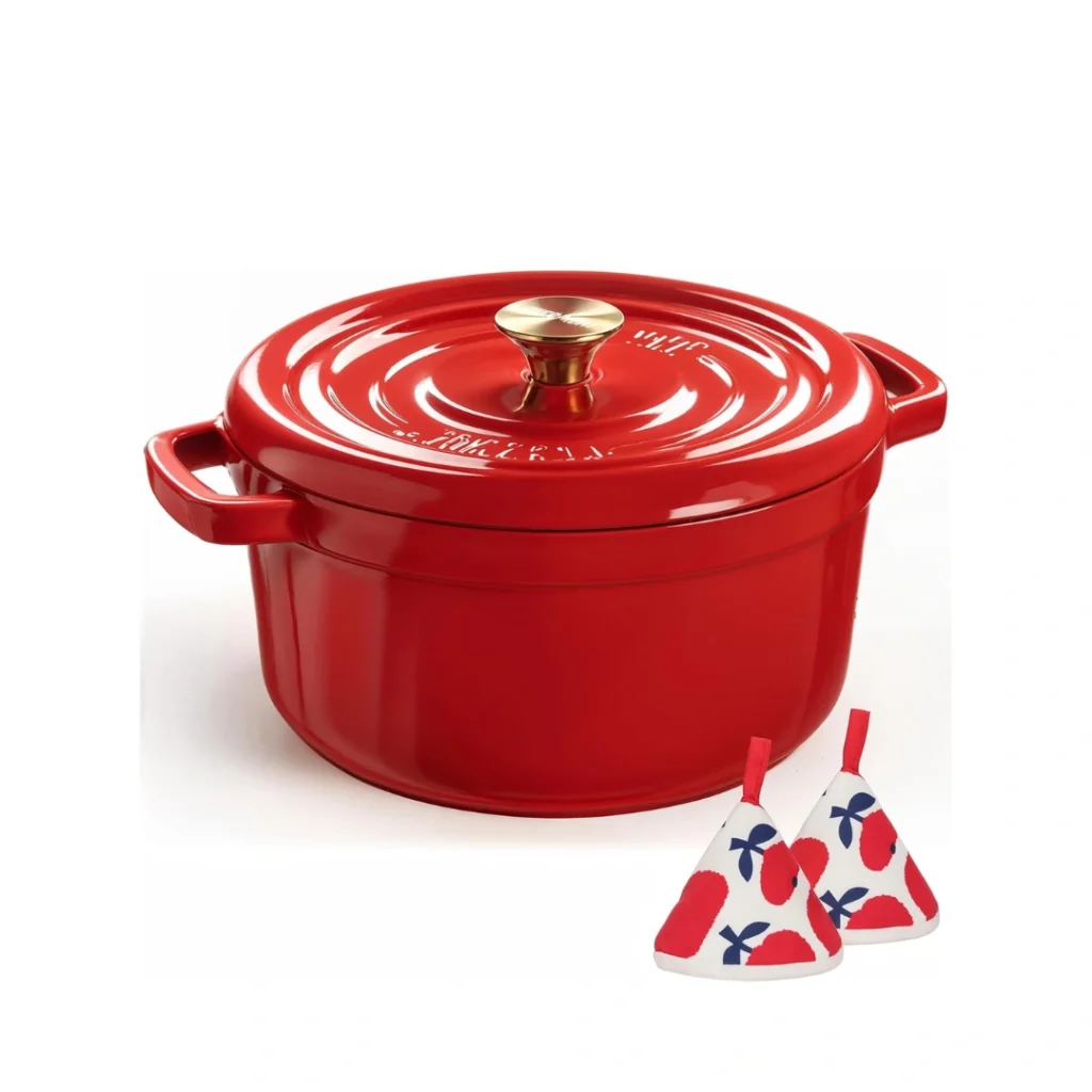 Overmont Horno holandés de hierro fundido esmaltado, olla de 5 cuartos con tapa, libro de cocina y agarraderas de algodón rojo