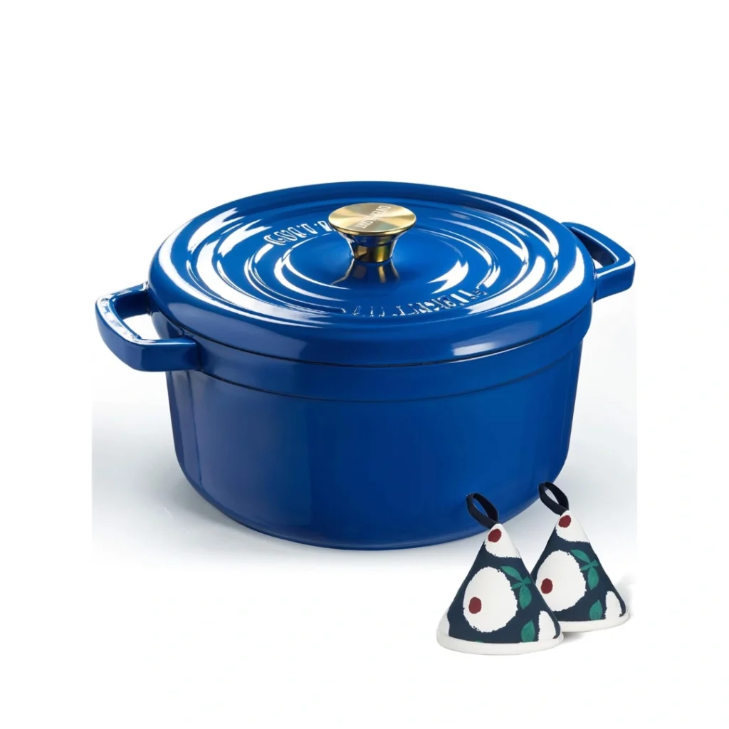 Overmont Horno holandés de hierro fundido esmaltado, olla de 5 cuartos con tapa, libro de cocina y agarraderas de algodón sapphire blue