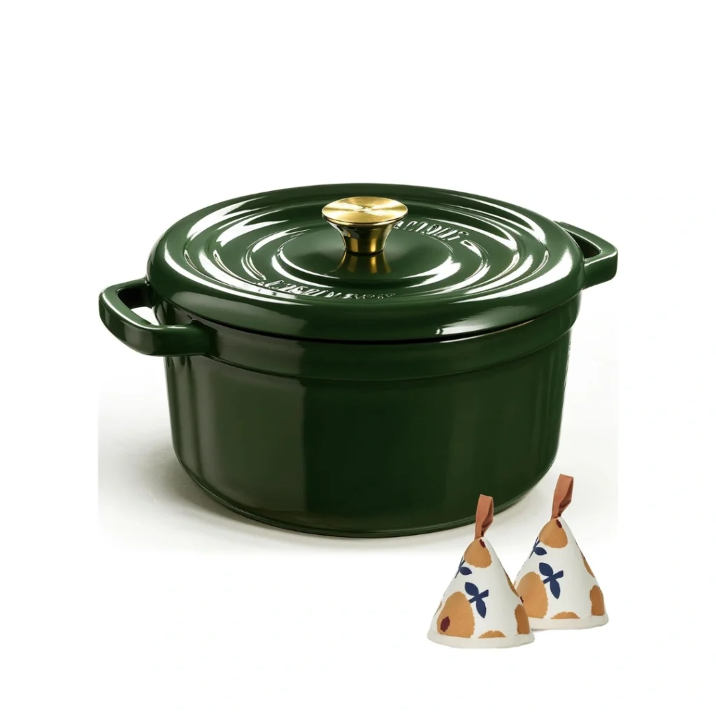 Overmont Horno holandés de hierro fundido esmaltado, olla de 5 cuartos con tapa, libro de cocina y agarraderas de algodón verde oscuro
