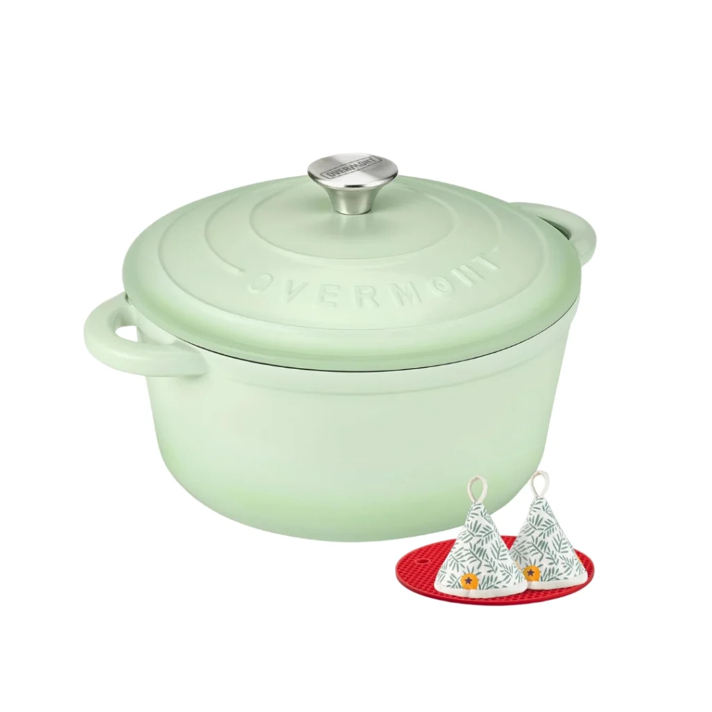 Overmont Olla de Hierro Fundido Antiadherente redonda 26 cm verde frijol