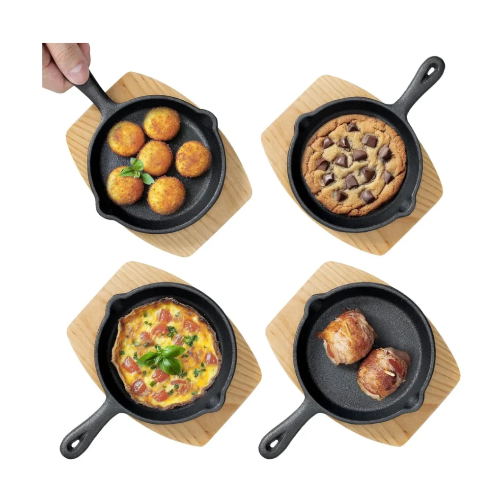 Set de 4 minisartenes de hierro fundido 15 cm con base de madera